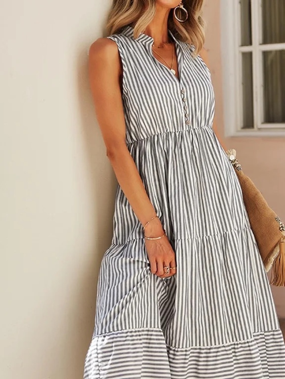 Striped Sleeveless Midi Dress in Green and White / cottage core, grandma core